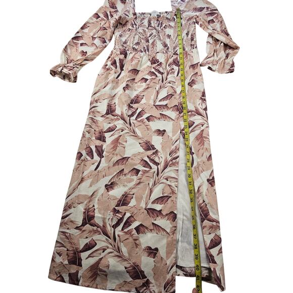 House of Harlow M Palm Leaf Linen Blend Smocked Maxi slit dress long sleeve  EUC - Picture 9 of 9